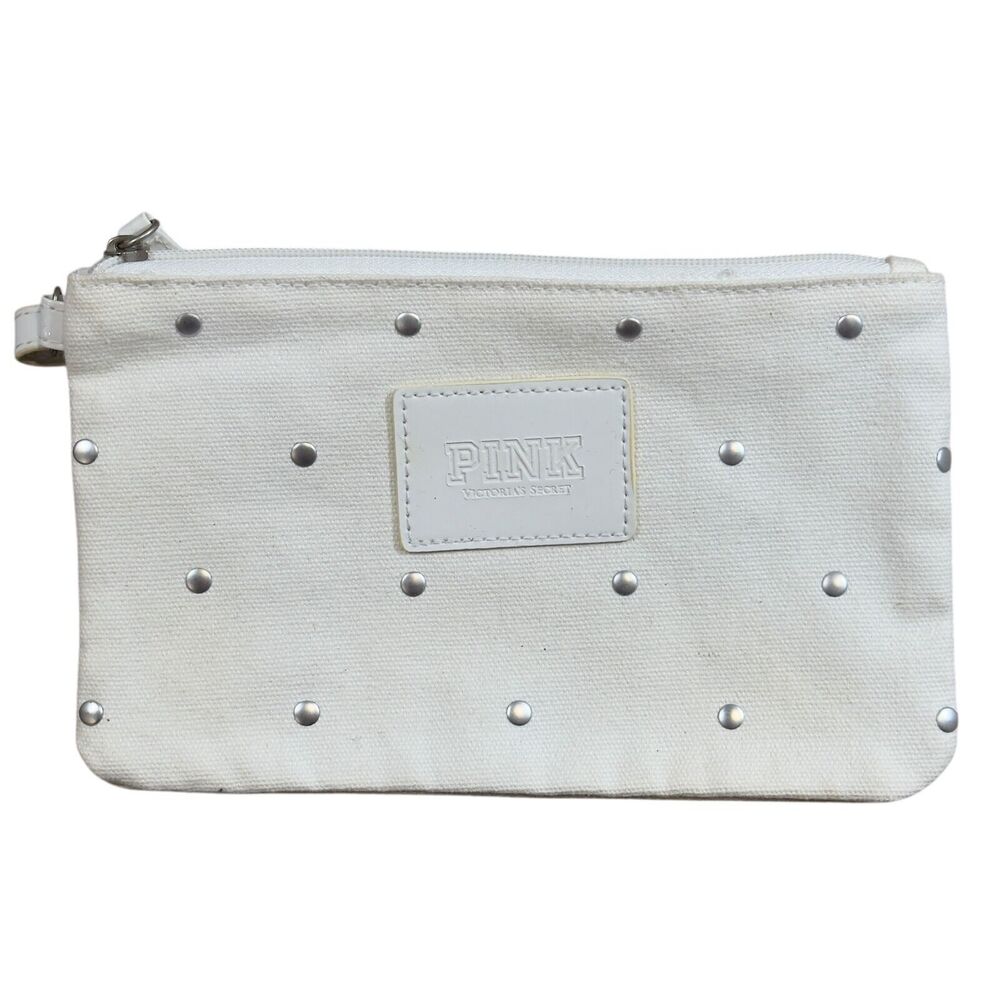 Victoria's Secret PINK Clutch White Canvas Studded Handheld Zipper Cosmetic Bag